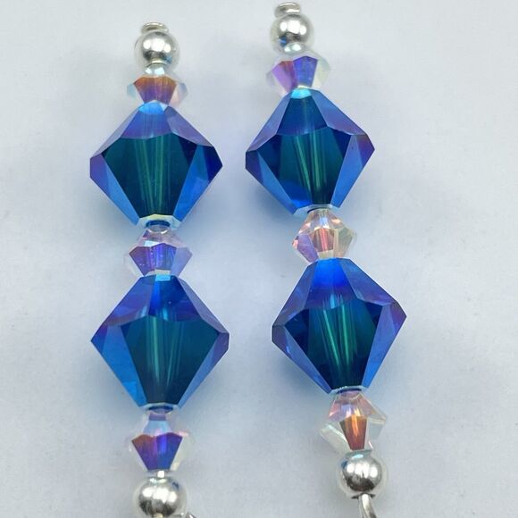 Made With Swarovski Crystal Teal Blue White AB Beaded Sterling Silver Earrings